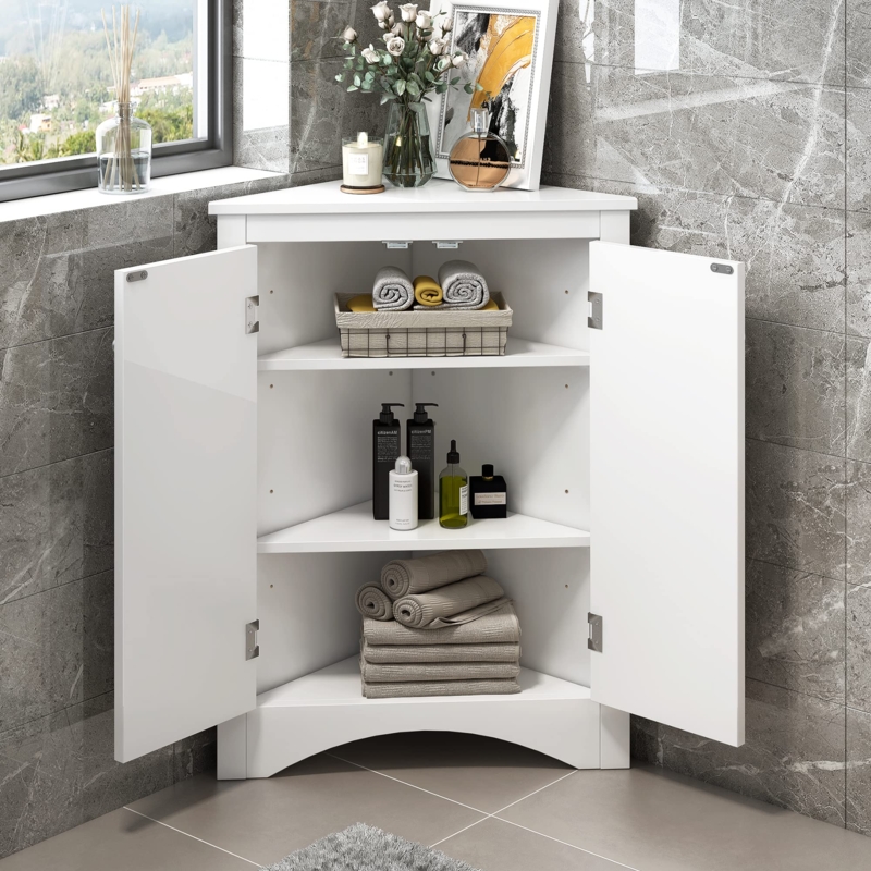 Corner Storage Cabinet with Louvered Doors for Small Bathroom