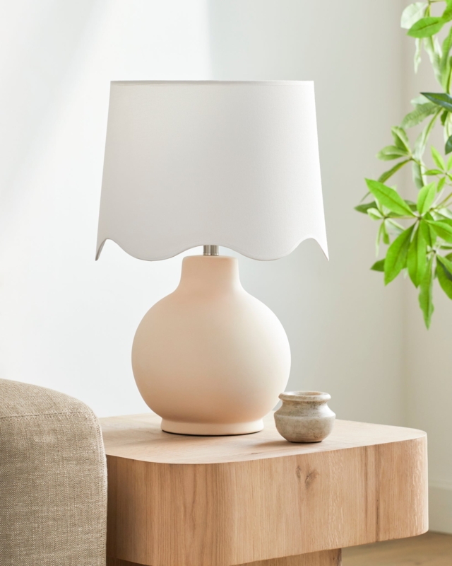 Cottage Style Table Lamp: Cream Spherical Ceramic Base, Scalloped Shade