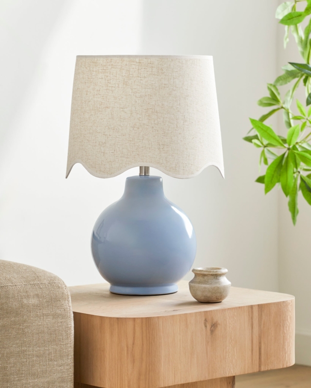 Cottage Table Lamp: Powder Blue Droplet with Scalloped Shade
