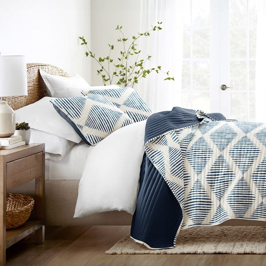 Coverlet Set Navy Distressed Diamond Textured Coastal Transitional