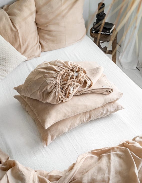 Cream Linen Sheet Set | Cozy Wrinkled Fabric Texture, Natural Weave
