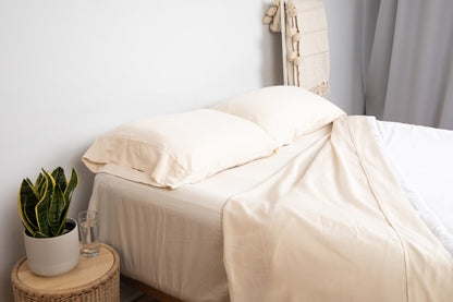 Cream Sateen Sheet Set Close-Up with Stitched Hem Detail