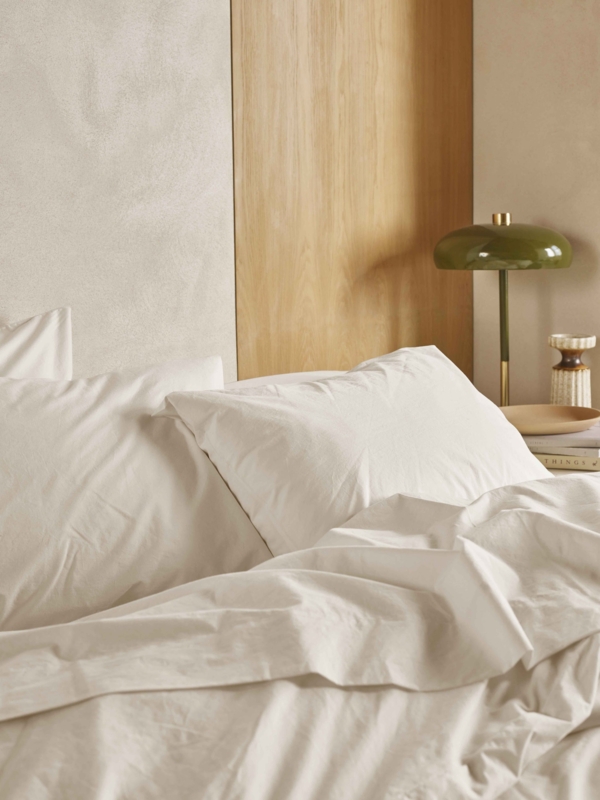 Cream Washed Cotton Percale Pillowcases with Wrinkled Texture