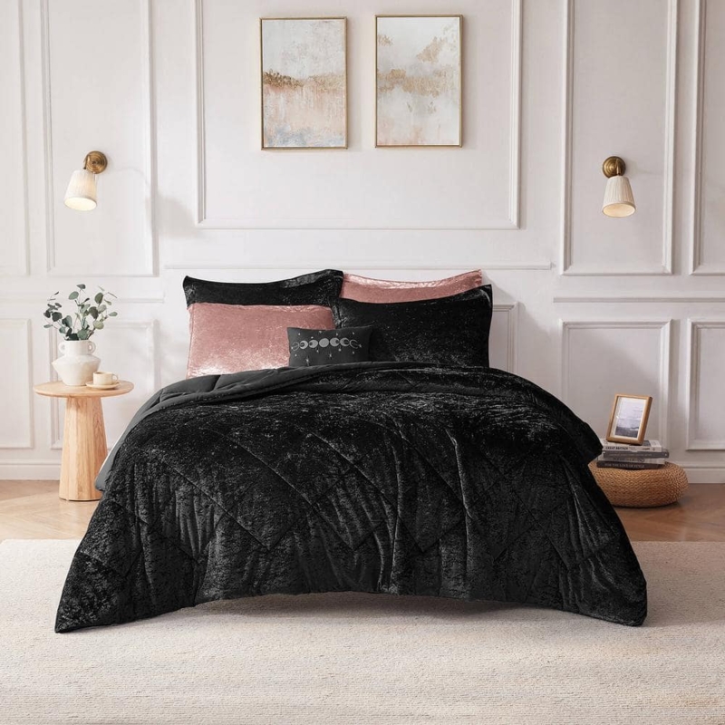 Crushed Velvet Duvet Cover Set Black Gold Foil Modern Glam