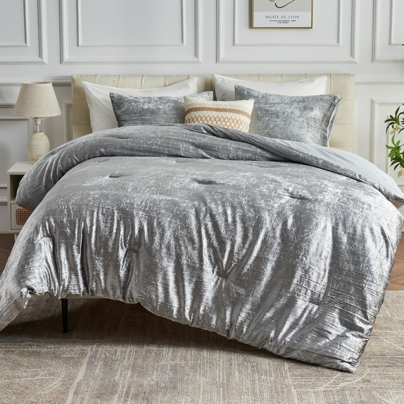 Crushed Velvet Silver Comforter Set, Modern Glam Shimmer