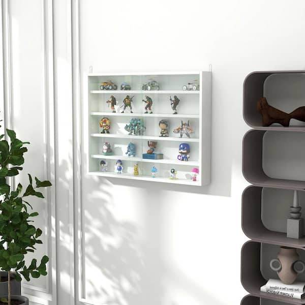 Curio Cabinet White Glass Shelves Double Doors Semi-Gloss Finish