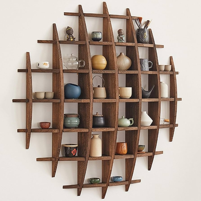 Curio Shelf Dark Brown: Circular Oriental Silhouette with Lattice Grid