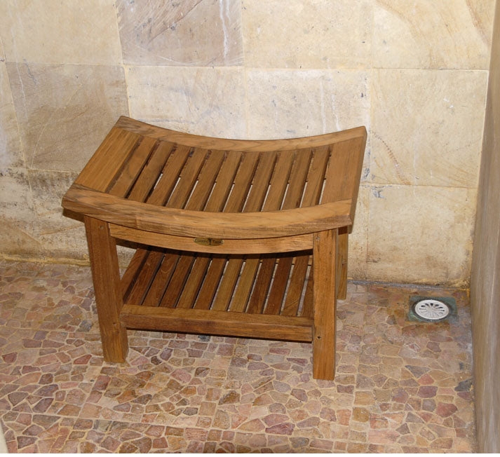 Curved Slatted Shower Bench with Splayed Legs in Subway Tile Setting