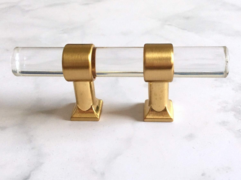 Cylindrical Cabinet Pull with Clear Acrylic Rod, Brushed Gold Bases