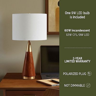 Cylindrical Table Lamp Mid Century Two-Tone Gold Metal Wood Base