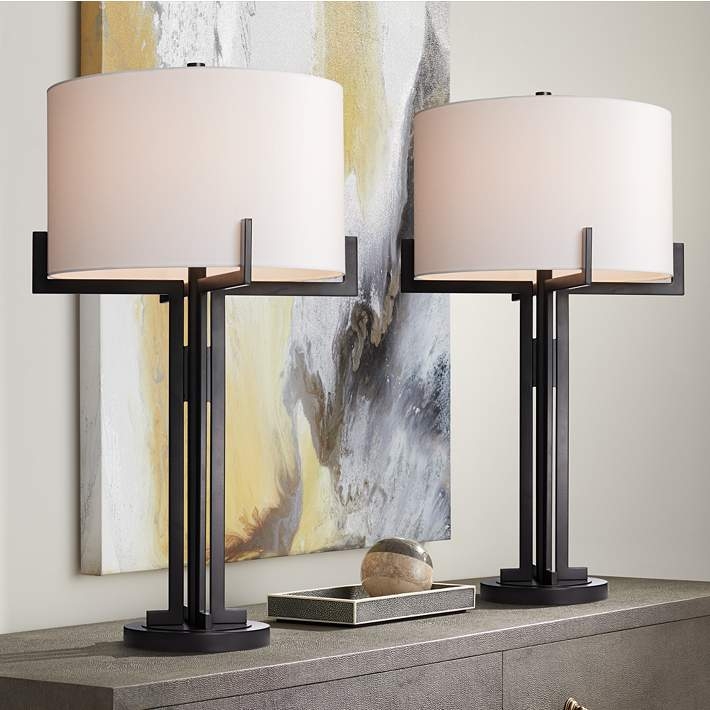 Dark Bronze Table Lamp Set Open Cage Urn Base Fabric Shade