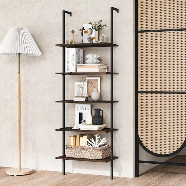 Dark Brown Leaning Ladder Bookshelf with Graduated Five-Tier Shelves