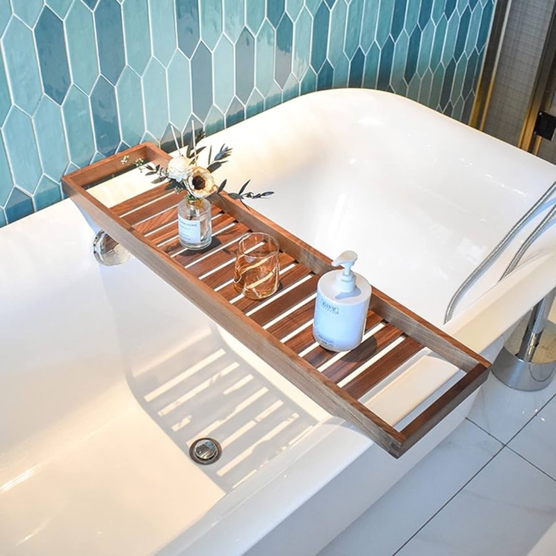Dark Walnut Tone Wood Bathtub Caddy with Integrated Book Stand