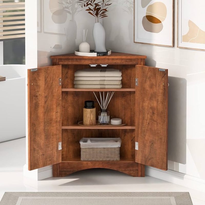 Dark Wood Corner Floor Cabinet with Louvered Doors and Open Shelf