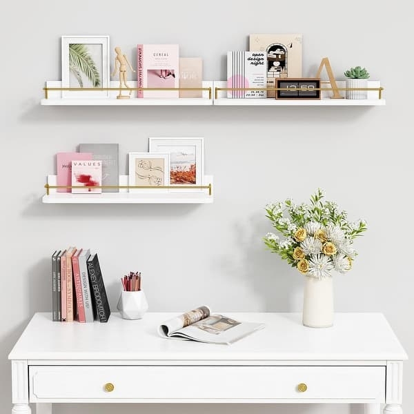 Dark Wood Floating Shelves, Guard Rails & Tissue Holder for Bathroom