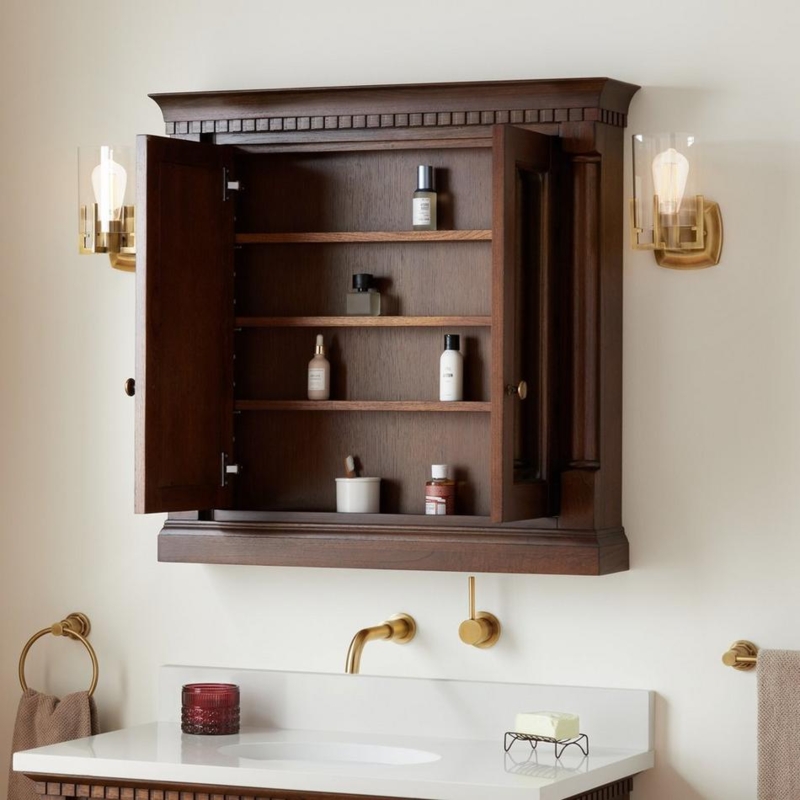 Dark Wood Medicine Cabinet in Antique Coffee Finish with Double Doors