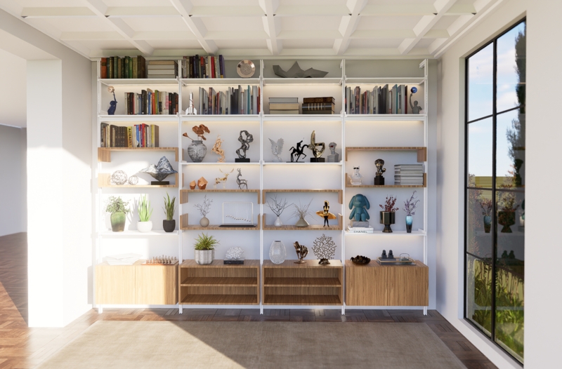 Dark Wood Modular Wall Shelving: Mid-Century Silver Tracks
