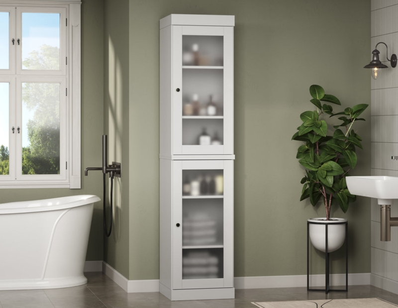 Dark Wood Storage Tower, Frosted Glass Doors, Narrow Profile, Mocha