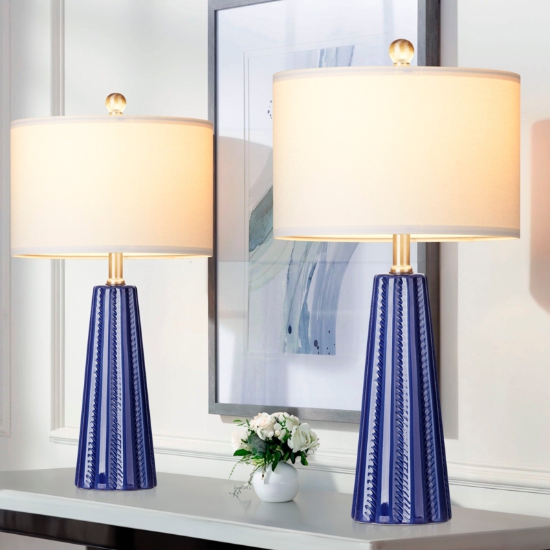 Deep Blue Table Lamps Set of 2 Crackle Glaze Gourd Base