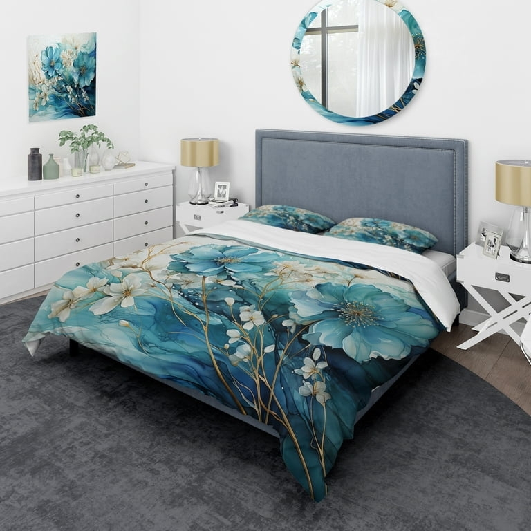 Designart "Teal Gold Fractal Mystic Mirage II" Modern Bedding Covert Set -  Fractals Teal Abstract Bed Set With 2 Shams -