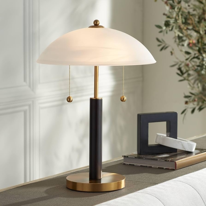 Desk Lamp Arched Wood Arm Frosted Glass Dome Mid-Century Style