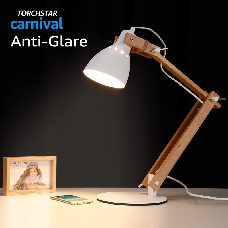 Desk Lamp Articulated Wood Arm with Matte White Shade
