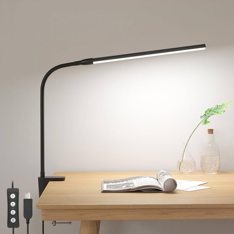 Desk Lamp Black Matte Circular Head Flexible Gooseneck Clamp Base