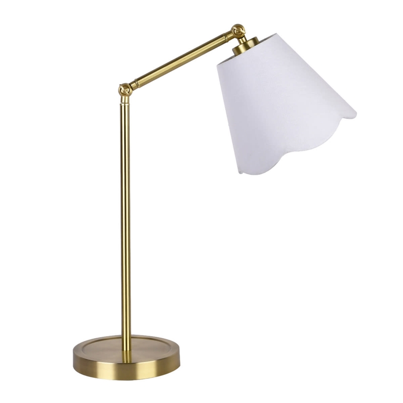 Desk Lamp: Brushed Brass Curved Arm, Scalloped Shade for Home Office