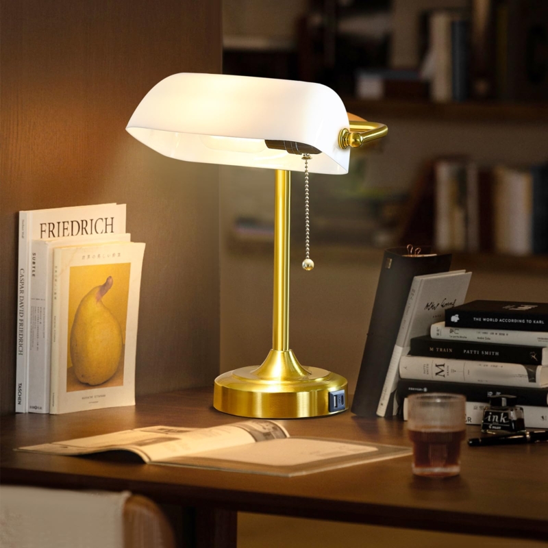 Desk Lamp: Emerald Green Shade Bankers Style, Antique Brass Base with USB