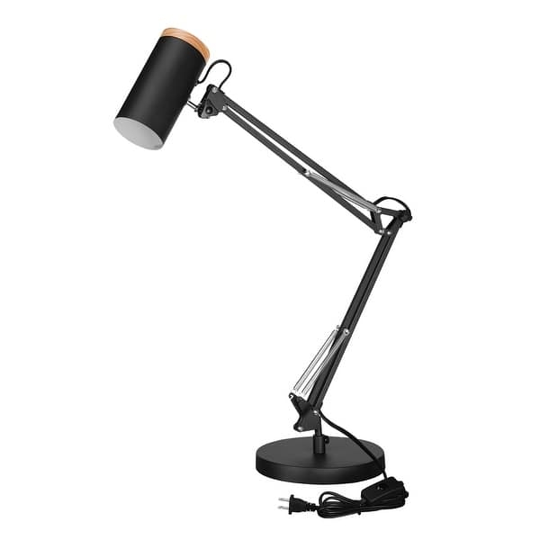 Desk Lamp Industrial Swing Arm Matte Black Wood Accents