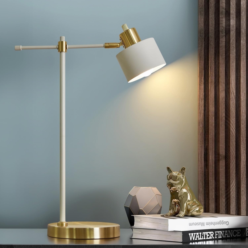 Desk Lamp Matte Cream Finish Gold Accents Adjustable Arm Modern Industrial