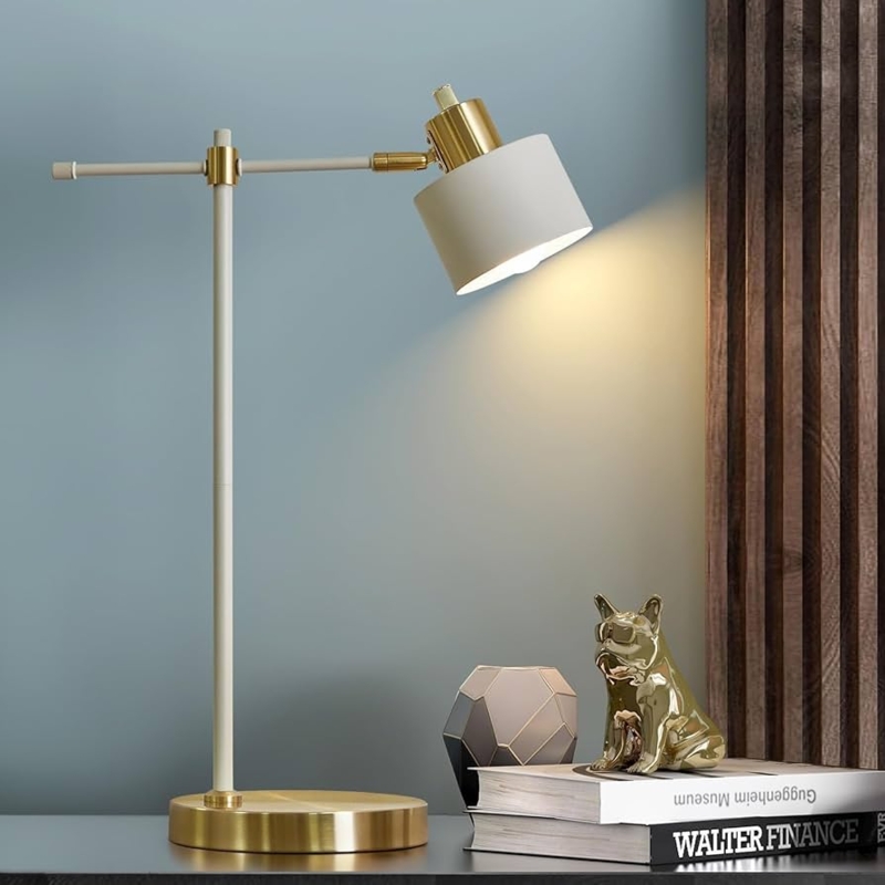 Desk Lamp Matte Cream Gold Adjustable Arm Industrial Style Conical Shade