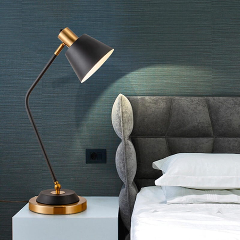 Desk Lamp Nordic Black Conical Shade Brass Toned Metal Stem