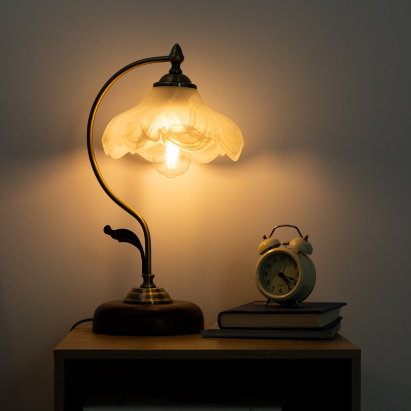 Desk Lamp Retro Arched Brass Neck Flower Glass Shade Pull Chain