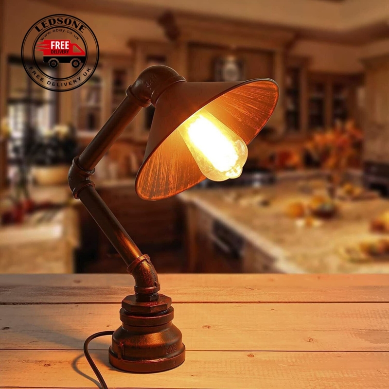 Desk Lamp Rustic Red Metal Water Pipe Construction Valve Handle