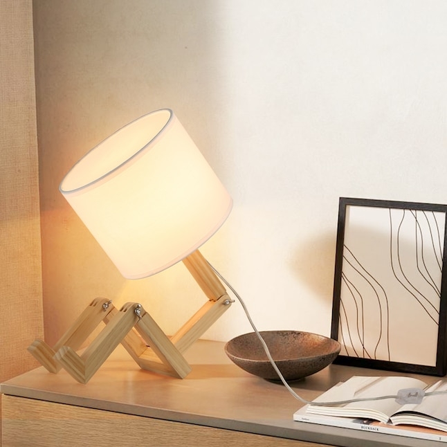 Desk Lamp Scandinavian Natural Wood Swing Arm Cream Fabric Shade
