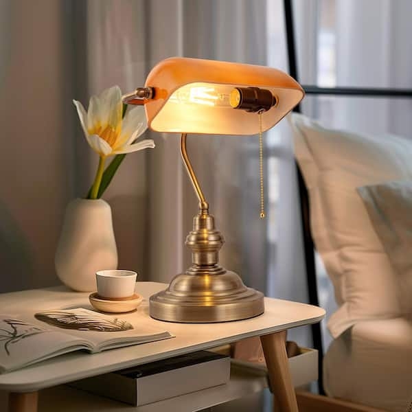Desk Lamp: Vintage Polished Gold Finish with Orange Glass Shade