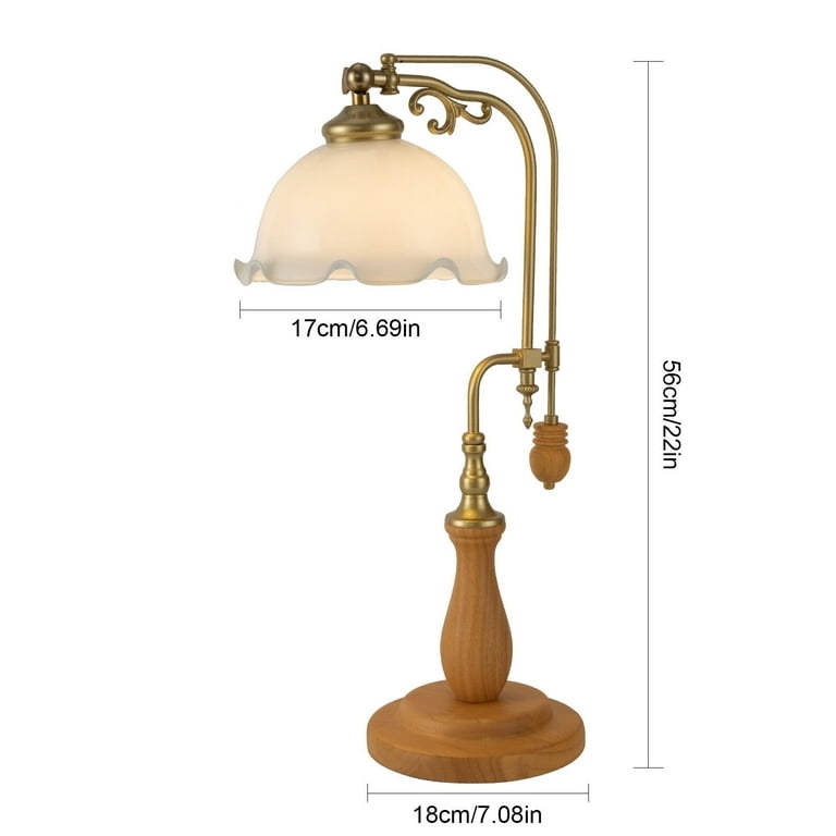 Desk Lamp Vintage White Flower Glass Shade Curved Neck Wood Base
