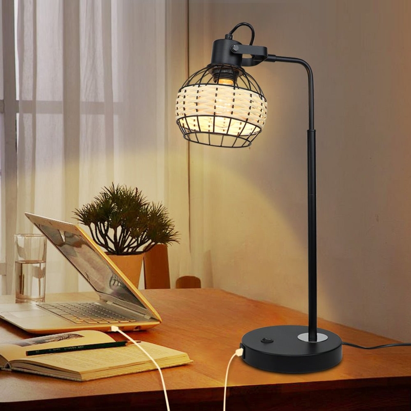 Desk Lamp Woven Rattan Shade Black Metal Adjustable Arm USB Ports