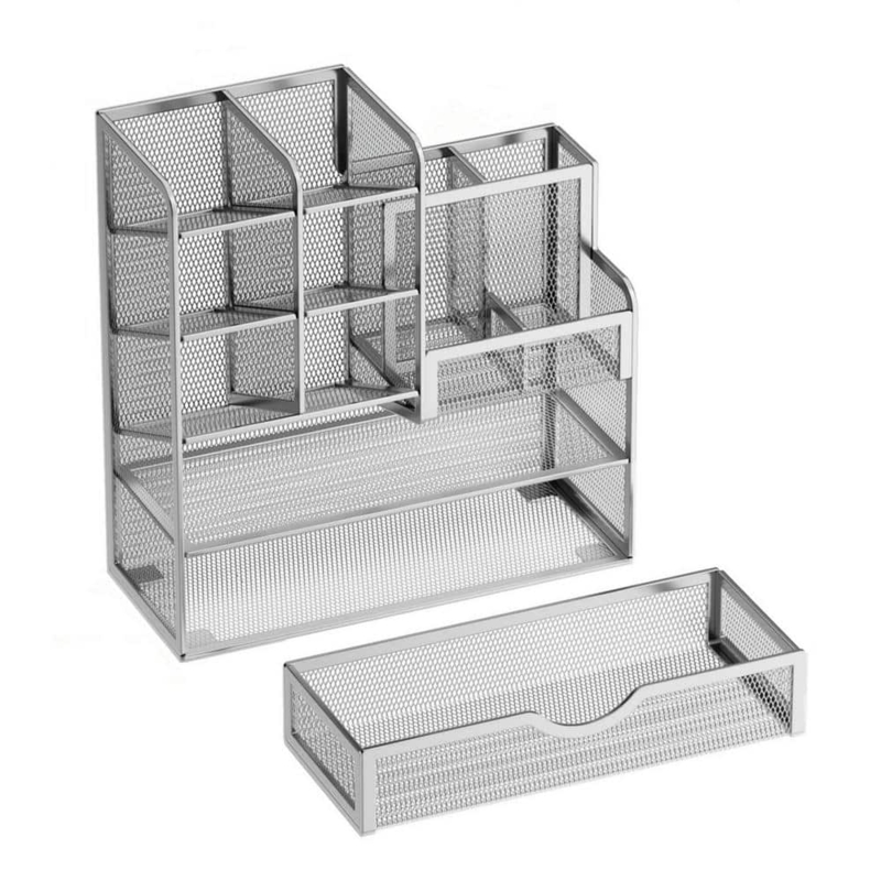 Desk Organizer Silver Mesh with Integrated Drawer and Pen Holders