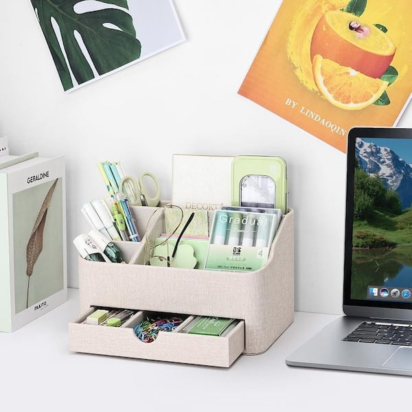 Desk Organizer Tiered with Integrated Drawer, Beige Plastic