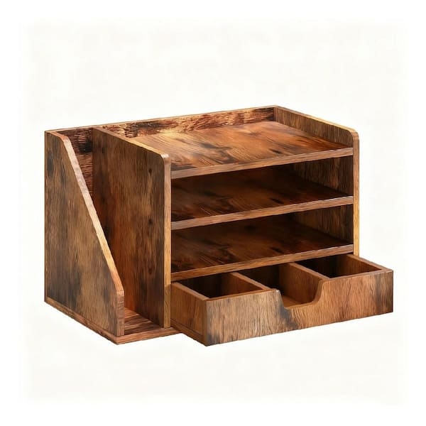 Desk Organizer with Vertical Slots for Wood-Toned File Storage