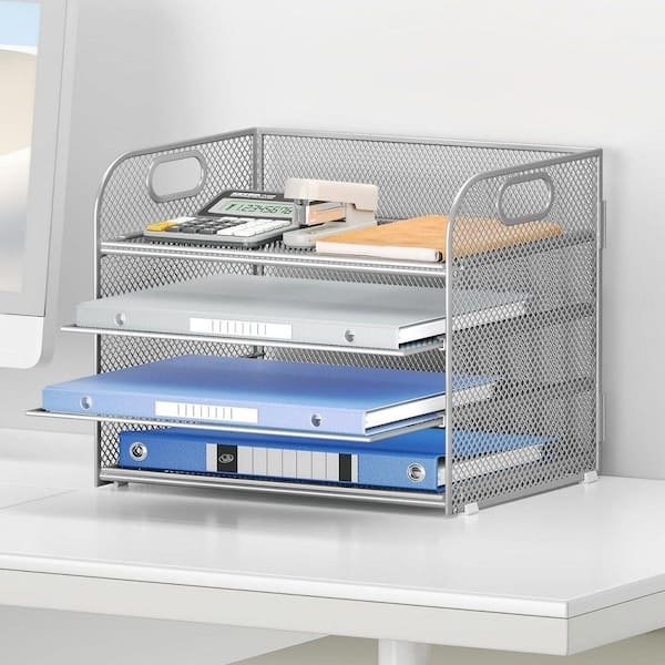 Desktop Organizer Four Tier Silver Mesh Document Tray