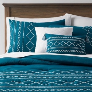 Diamond Stitch Comforter Set, Dark Teal with Tasseled Pillows