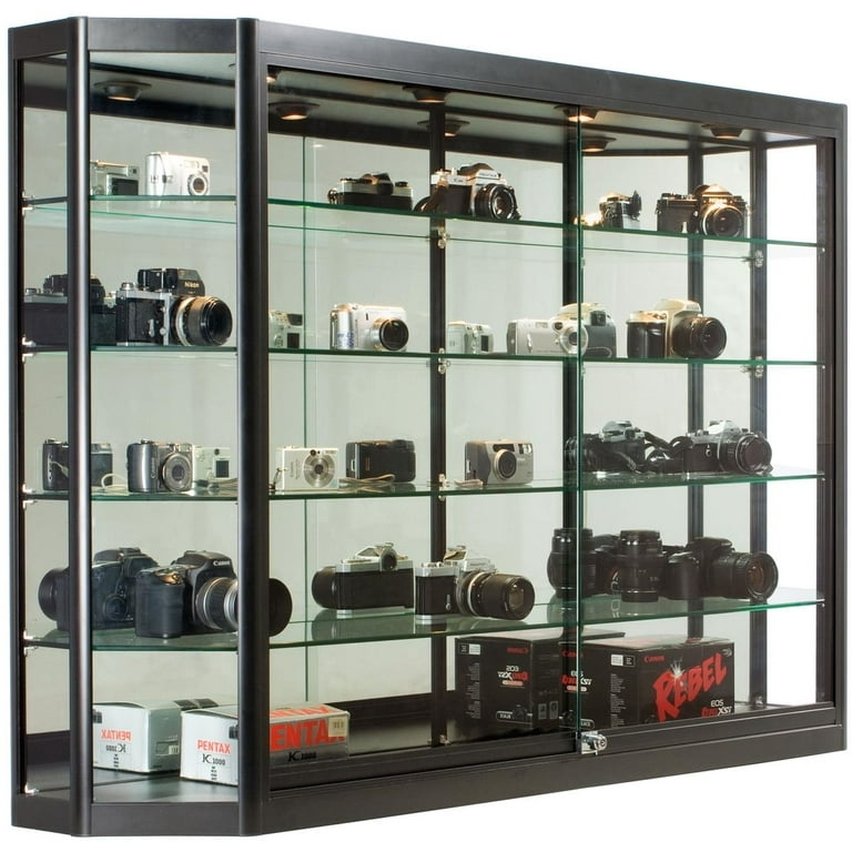 Display Cabinet Angled Front Black Glass Integrated Lighting Locking Doors (75 chars)