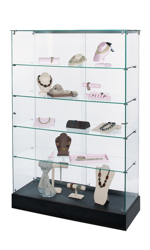 Display Case Frameless Design Black Base Adjustable Glass Shelves Retail (73 chars)