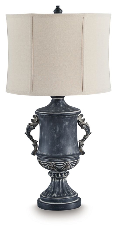 Distressed Black Candlestick Lamp, Turned Base, Tapered Shade.