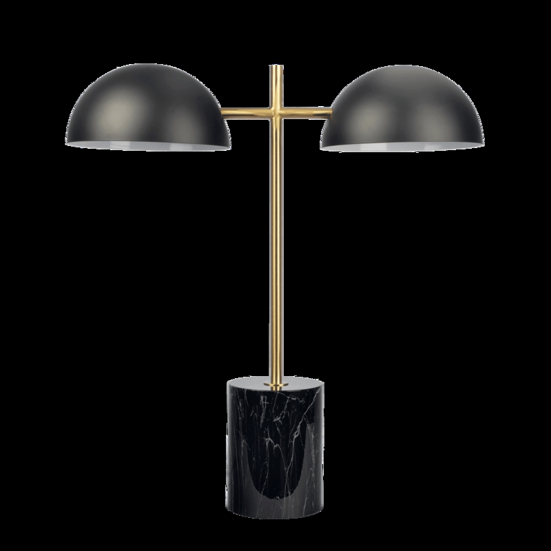Double Arm Table Lamp Marbled Stone Base Mixed Metals Exposed Bulb