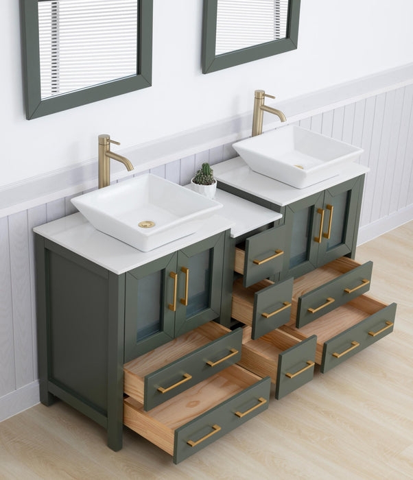 Double Bathroom Vanity Forest Green Finish White Vessel Sinks Gold