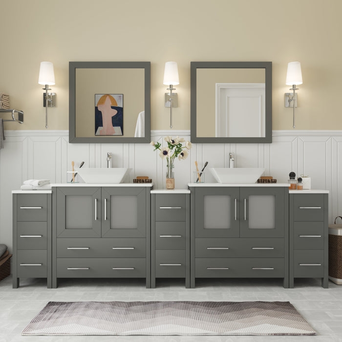 Double Bathroom Vanity White Shaker Vessel Sinks Marbled Top